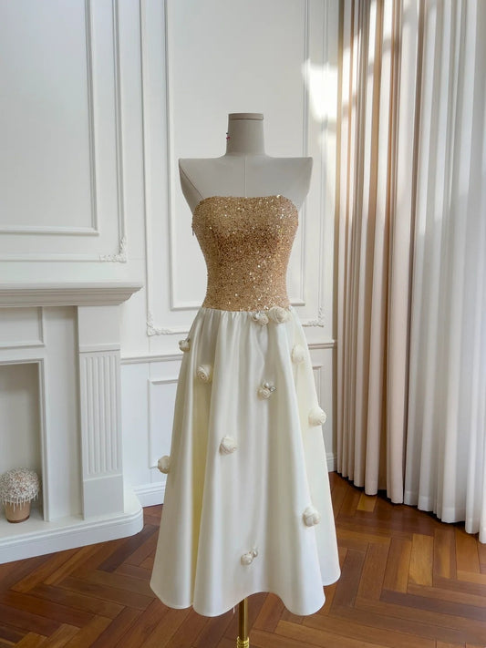 Shiny Prom Dress A Line Strapless Flower Birthday Party Outfits Cocktail Dress D3268