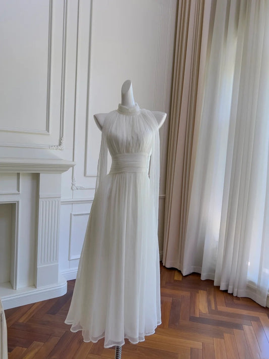 Elegant Prom Dress White High Collar Pleated Long Birthday Party Outfits Cocktail Dress D3275