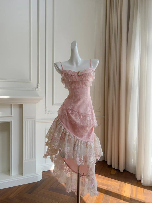 Stunning Prom Dress Pink Spaghetti Straps Lace Asymmetrical Hem Birthday Party Outfits Cocktail Dress D3281
