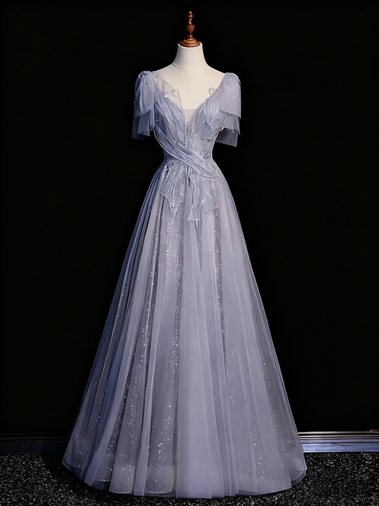 Stunning Prom Dress V-neck Tulle Pleated Birthday Party Outfits Evening Gown D3314