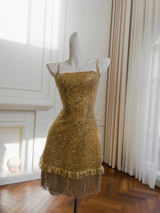 Stunning Homecoming Dress Gold A Line Spaghetti Straps Tassel Short Prom Dress Birthday Party Outfits D3334