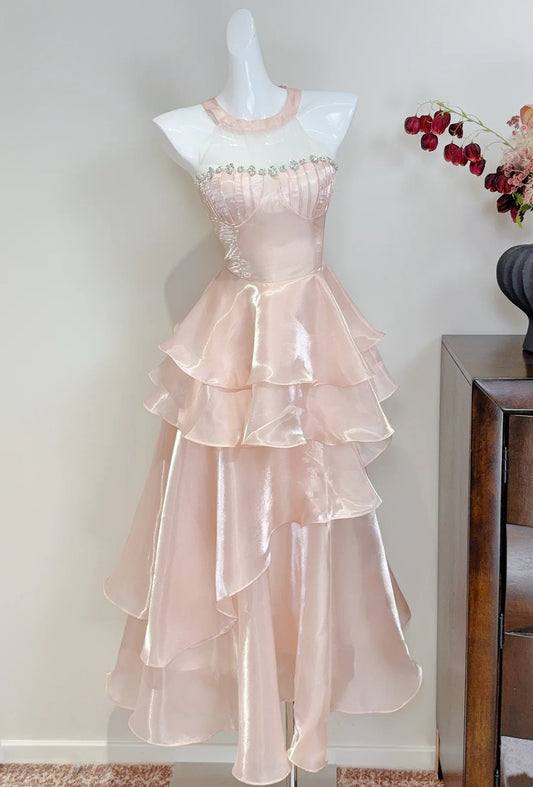 Beauty Prom Dress Pink Crew Neck Ruffle Cocktail Dress Birthday Party Dress D3342