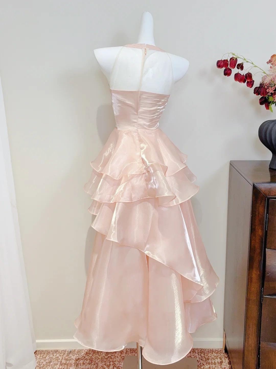 Beauty Prom Dress Pink Crew Neck Ruffle Cocktail Dress Birthday Party Dress D3342