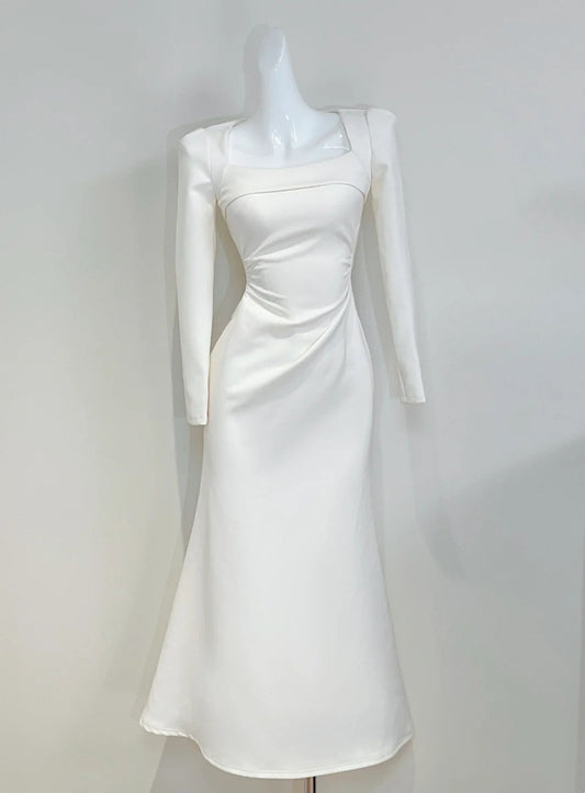 Minimalist Prom Dress Square Neck Pleated Mermaid Cocktail Dress Evening Dress D3346