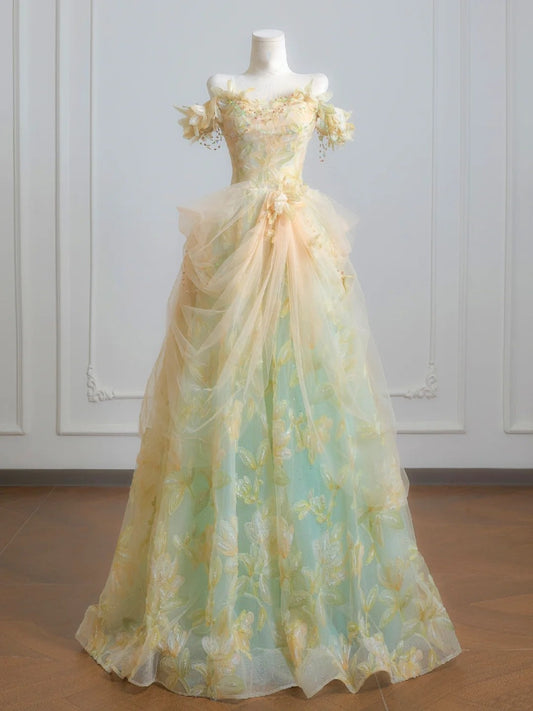 Stunning Prom Dress A Line Off Shoulder Tulle Pleated Print Evening Dress Quinceanera Dress D3361