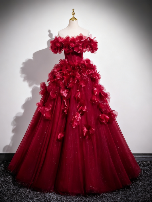 Gorgeous Prom Dress Off Shoulder Flower Tulle Pleated Evening Dress Quinceanera Dress D3370
