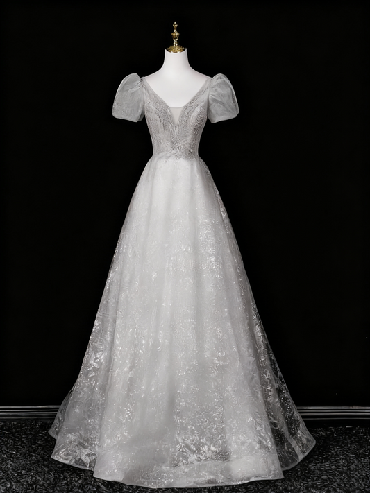 Shiny Prom Dress A Line V-neck Tulle Evening Dress Quinceanera Dress D3371