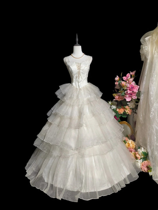 Vintage Wedding Dress Straps Tulle Tiered Pleated Wedding Dress D3425