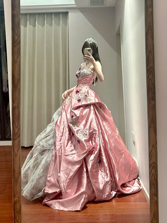 Pretty Prom Dress Strapless Pleated Tulle Ball Gown Birthday Party Dress D3441