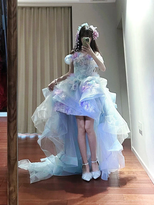 Beauty Homecoming Dress Off Shoulder Hi-lo Hem Tulle Birthday Party Dress D3444