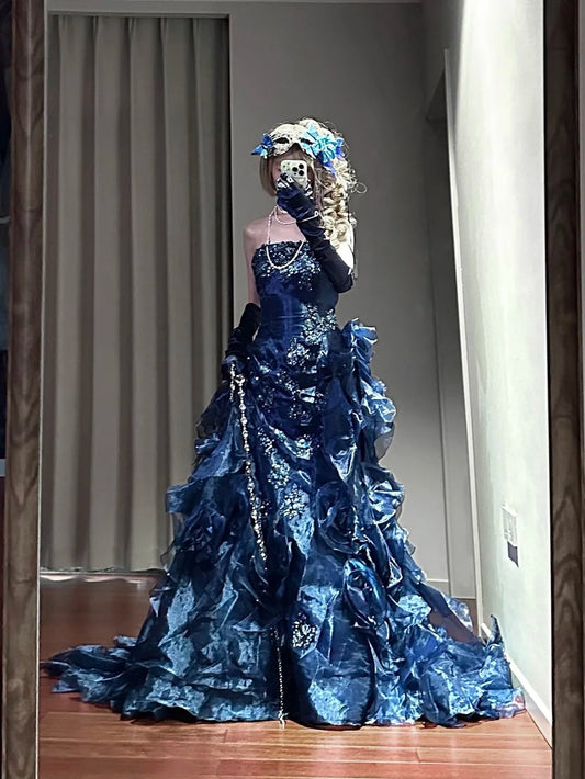 Gorgeous Prom Dress Dark Blue Strapless Ruffle Birthday Party Dress Evening Dress D3446