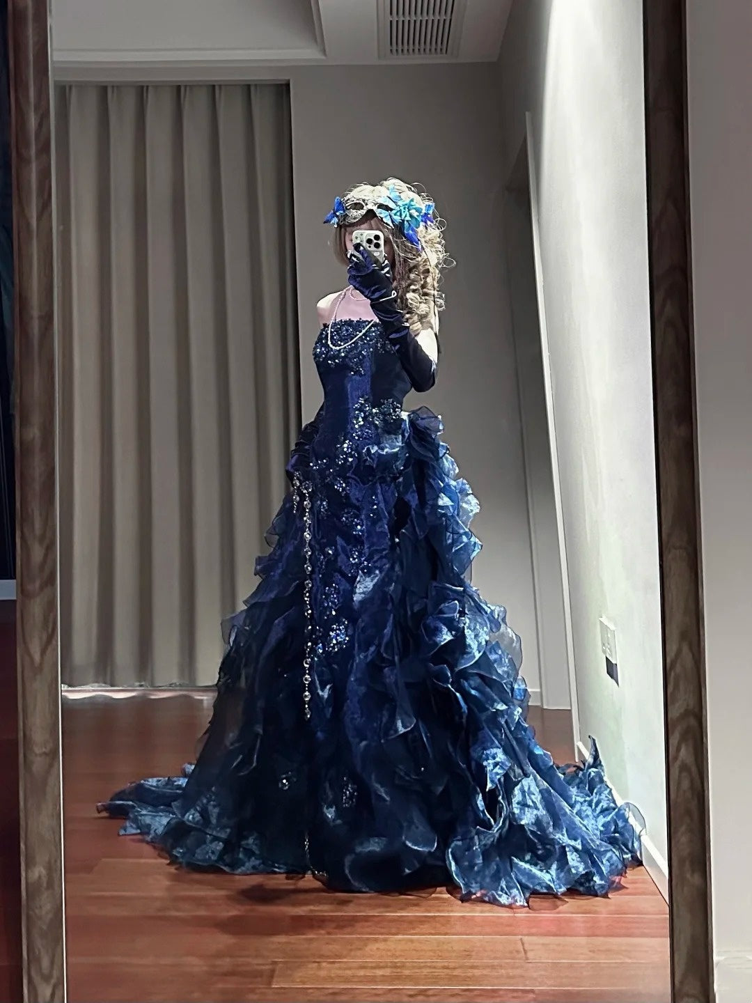 Gorgeous Prom Dress Dark Blue Strapless Ruffle Birthday Party Dress Evening Dress D3446