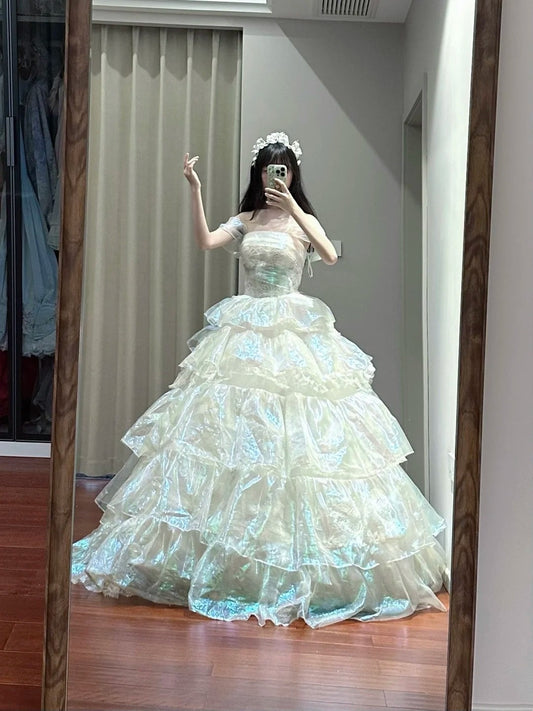 Shiny Prom Dress Off Shoulder Tiered Ball Gown Birthday Party Dress Princess Dress D3450