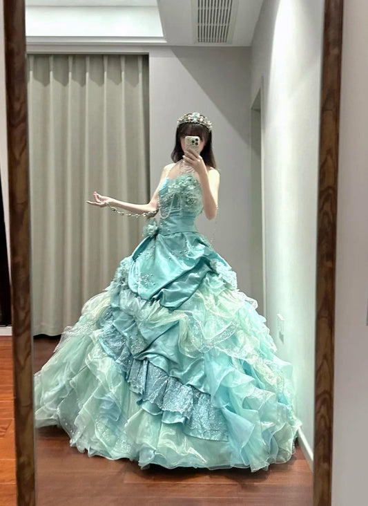 Sweet Prom Dress Strapless Tiered Pleated Ball Gown Quinceanera Dress D3453