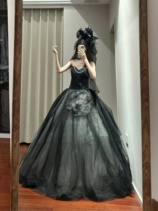 Stunning Prom Dress Black Sweetheart Tulle Pleated Ball Gown Quinceanera Dress D3454