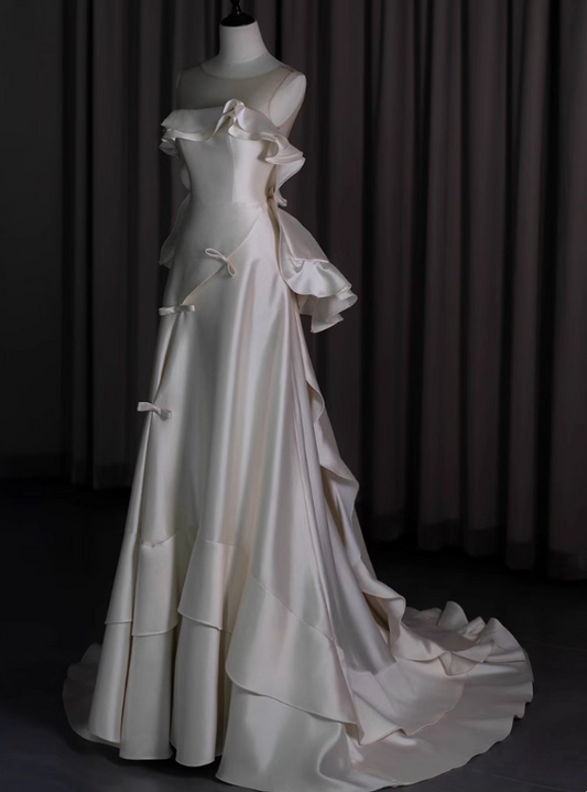 New Arrival Wedding Dress A Line Crew Neck Ruffle Wedding Dress D3477
