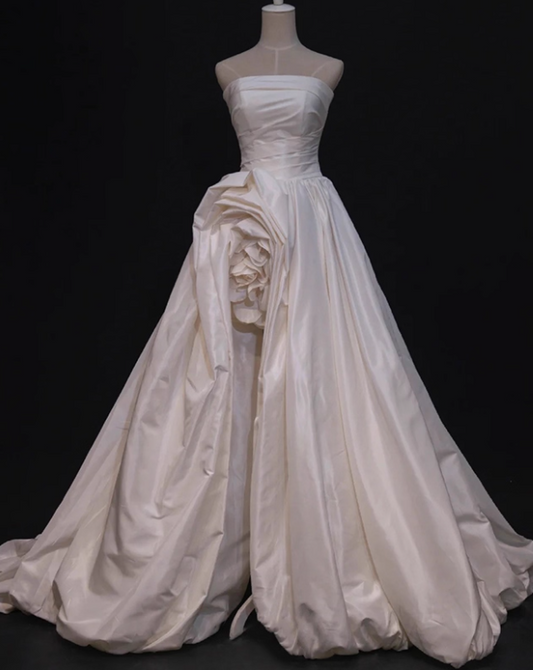 Minimalist Wedding Dress Strapless Pleated Slit Wedding Dress D3478