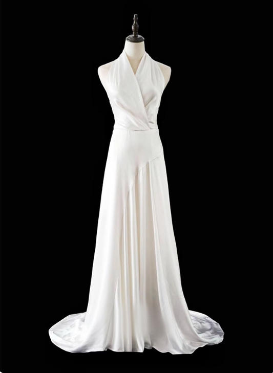 Minimalist Wedding Dress A Line Halter Pleated Wedding Dress D3479