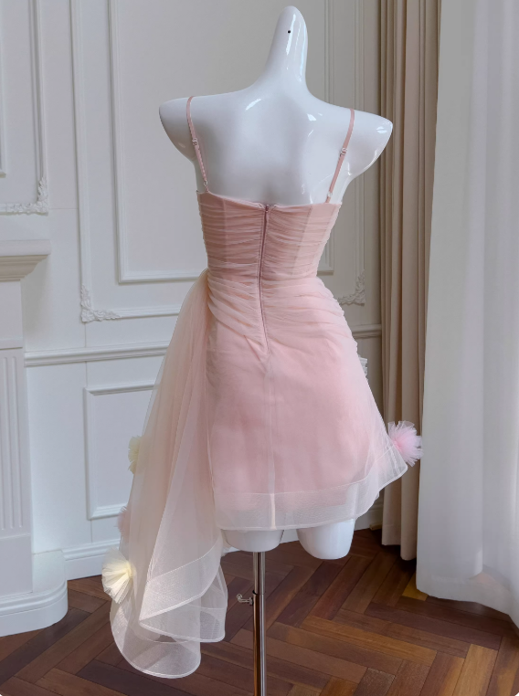 Sweet Homecoming Dress Spaghetti Straps Pleated Tulle Birthday Party Dress Cocktail Dress D3512