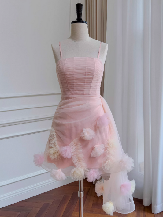 Sweet Homecoming Dress Spaghetti Straps Pleated Tulle Birthday Party Dress Cocktail Dress D3512