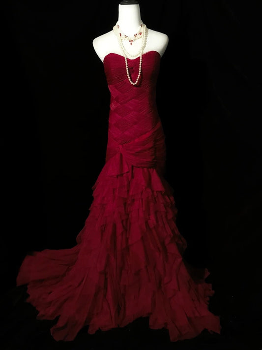 Elegant Prom Dress Wine Red Sweetheart Pleated Mermaid Birthday Party Dress Evening Dress D3554