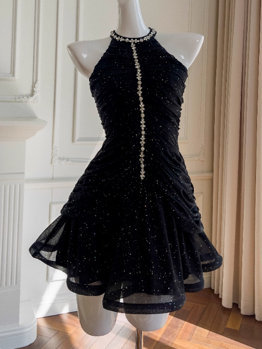 Shiny Homecoming Dress Black Crew Neck Pleated Short Prom Dress Birthday Party Outfits D3567
