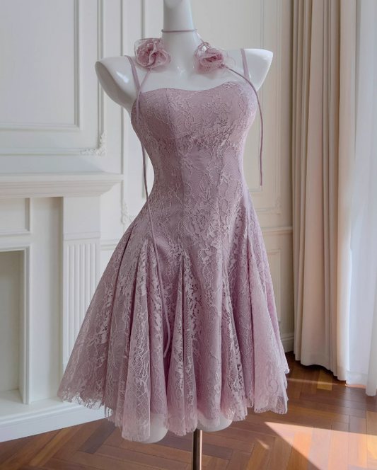 New Design Homecoming Dress Spaghetti Straps Pleated Lace Short Prom Dress Party Dress D3569