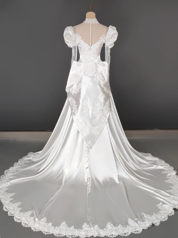Vintage Wedding Dress Crew Neck Pleated Wedding Dress D3588