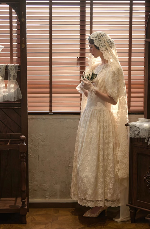 Retro Wedding Dress Crew Neck Pleated Wedding Dress D3593