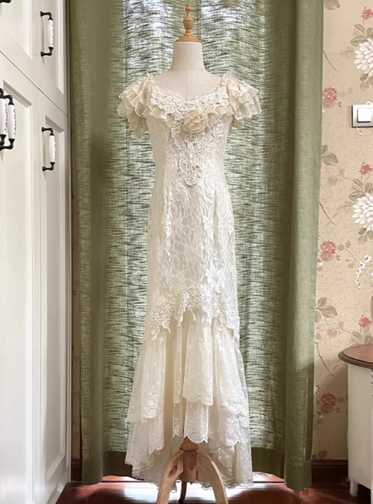Vintage Wedding Dress Crew Neck Lace Pleated Wedding Dress D3600