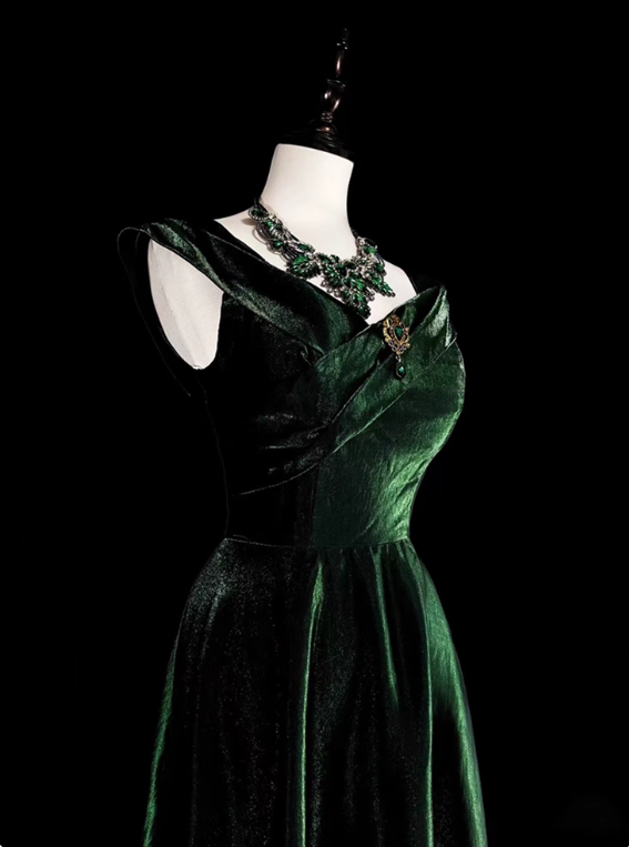 Elegant Prom Dress Dark Green A Line Straps Pleated Evening Dress Gala Dress D3603