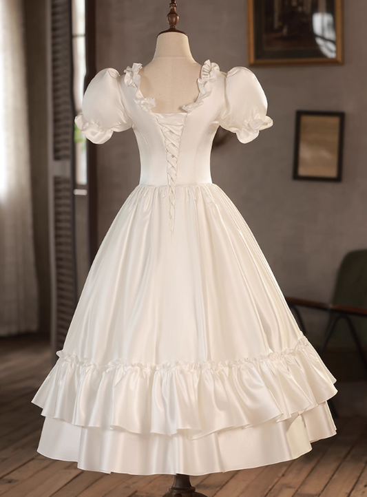 Retro Wedding Dress Crew Neck Pleated Wedding Dress D3689