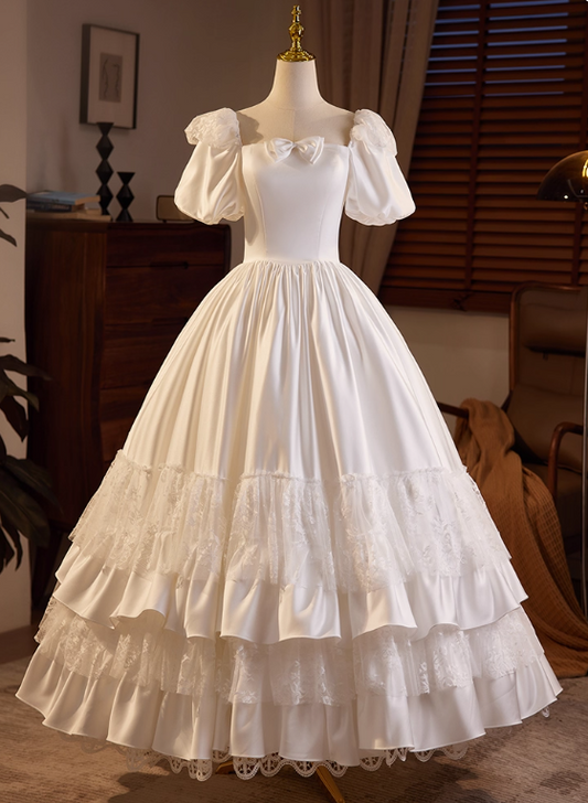 Vintage Wedding Dress Square Neck Pleated Lace Wedding Dress D3703