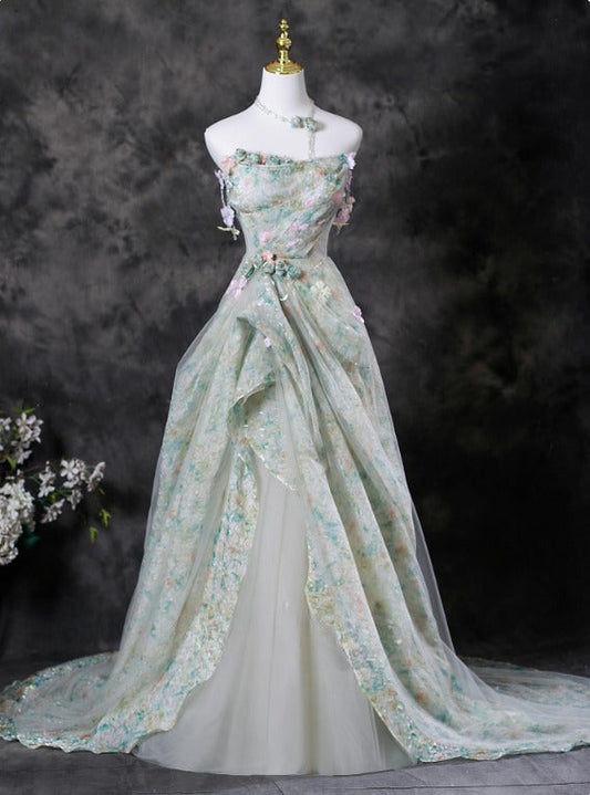 Charming Prom Dress Strapless Pleated Print Evening Dress Gala Dress D3707