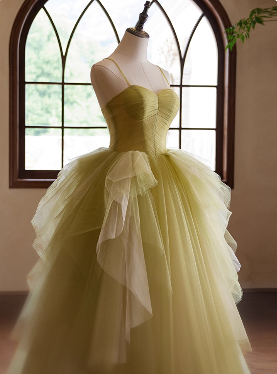 Pretty Prom Dress Spaghetti Straps Tulle Pleated Ball Gown Evening Dress Birthday Party Outfits D3730