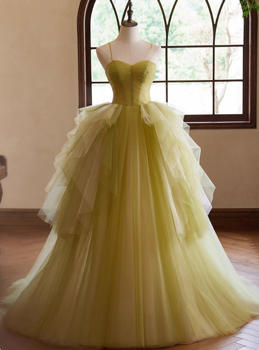 Pretty Prom Dress Spaghetti Straps Tulle Pleated Ball Gown Evening Dress Birthday Party Outfits D3730