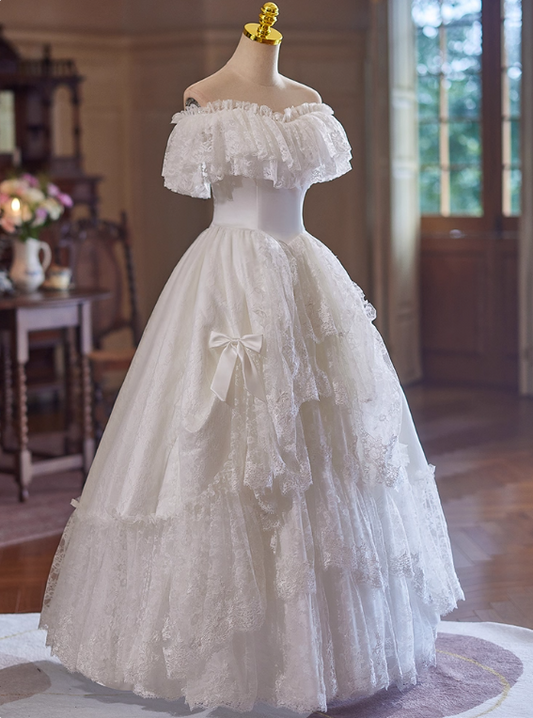 Vintage Wedding Dress Off Shoulder Lace Pleated Wedding Dress D3733