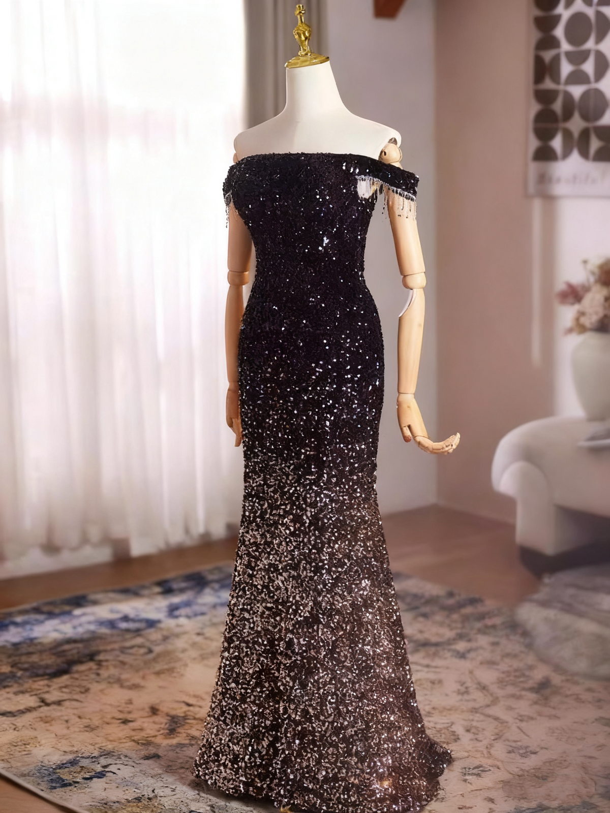 Shiny Prom Dress Off Shoulder Mermaid Evening Dress Gala Gown D3752