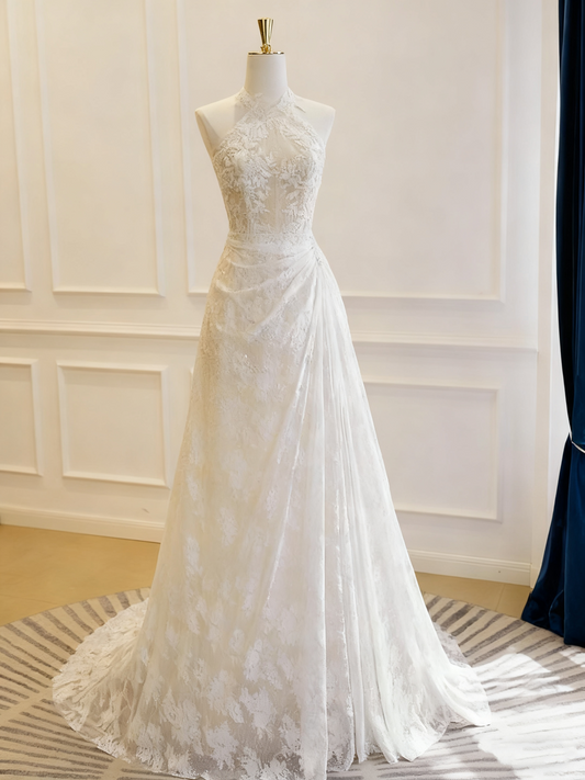 Charming Wedding Dress Crew Neck Lace Pleated Wedding Dress D3777