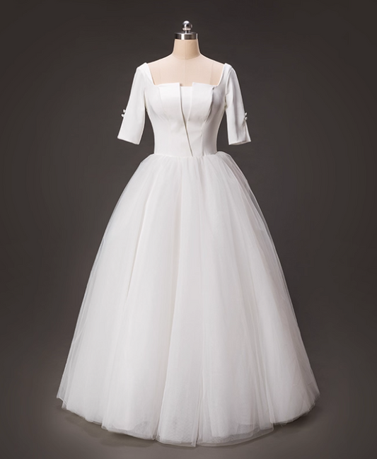 Minimalist Wedding Dress Square Neck Tulle Pleated Wedding Dress D3796
