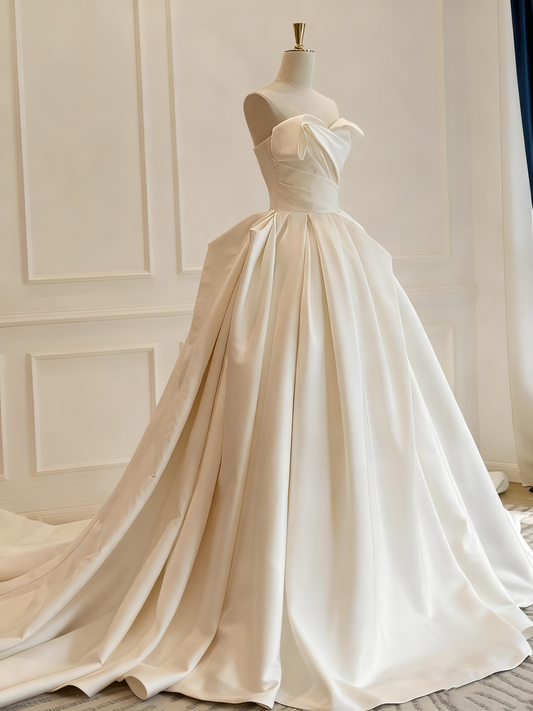 Minimalist Wedding Dress Asymmetrical Neck Pleated Wedding Dress D3807