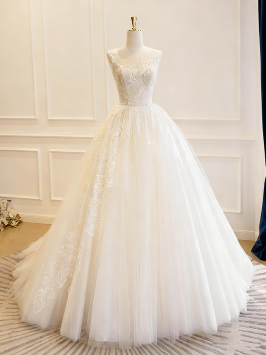 Gorgeous Wedding Dress Crew Neck Pleated Tulle Wedding Dress D3827