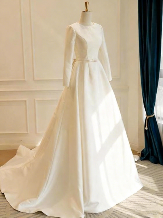Minimalist Wedding Dress Crew Neck Long Sleeves Wedding Dress D3830