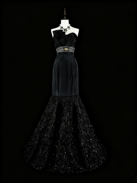 Beauty Prom Dress Black Strapless Pleated Mermaid Evening Dress Gala Dress D3870