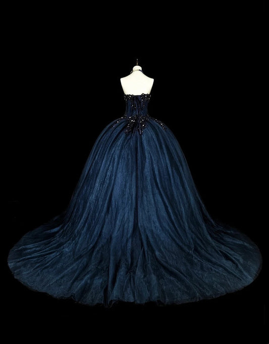 Charming Prom Dress Dark Blue Sweetheart Pleated Ball Gown Evening Dress Sweet 16 Outfits D3879