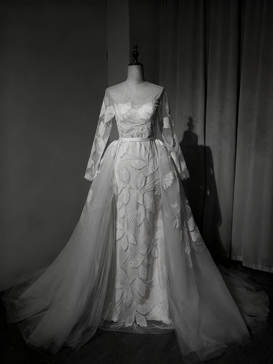New Arrival Wedding Dress Long Sleeve Backless Tulle Pleated Wedding Dress D3894