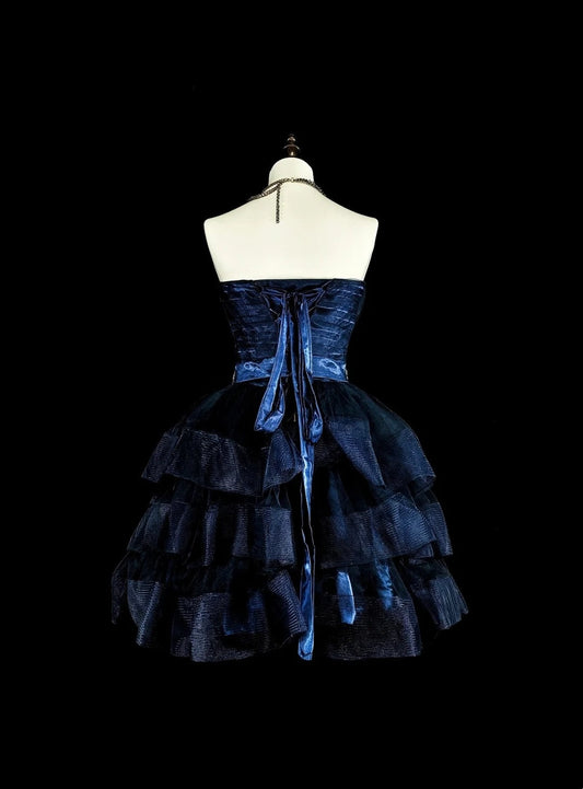 Newest Homecoming Dress Dark Blue Sweetheart Pleated Tiered Short Prom Dress Evening Dress Birthday Party Outfits D3895