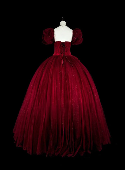 Elegant Prom Dress Wine Red Square Neck Pleated Tulle Ball Gown Evening Dress Birthday Dress D3901
