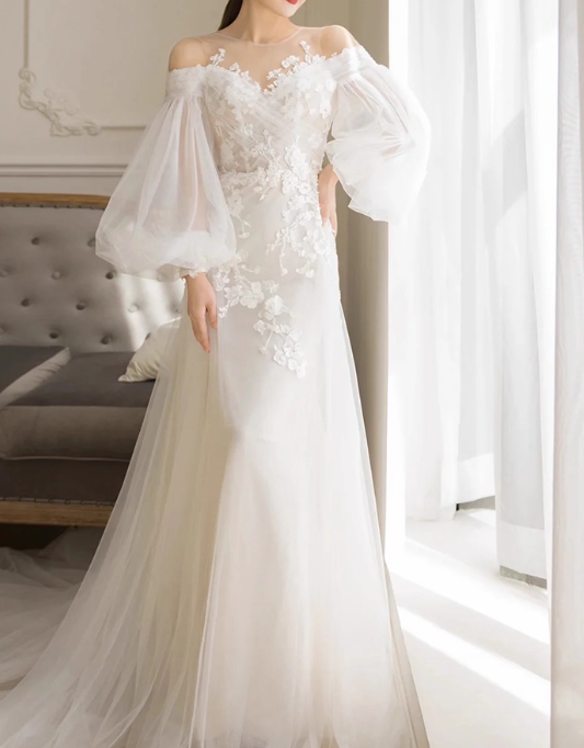 Newest Wedding Dress Crew Neck Floral Tulle Wedding Dress D3914