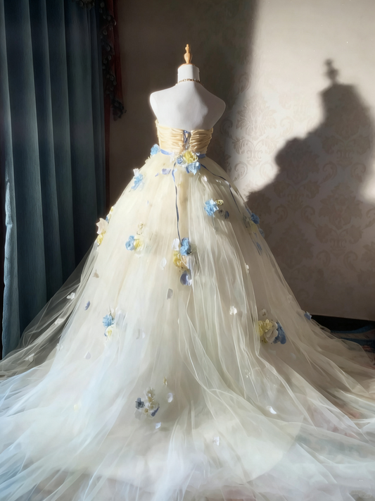 Charming Prom Dress Strapless Floral Tulle Pleated Ball Gown Evening Dress Sweet 16 Dress D3926